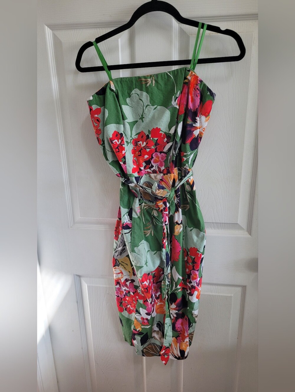New York & Company Green Floral Midi Dress with Tie Waist